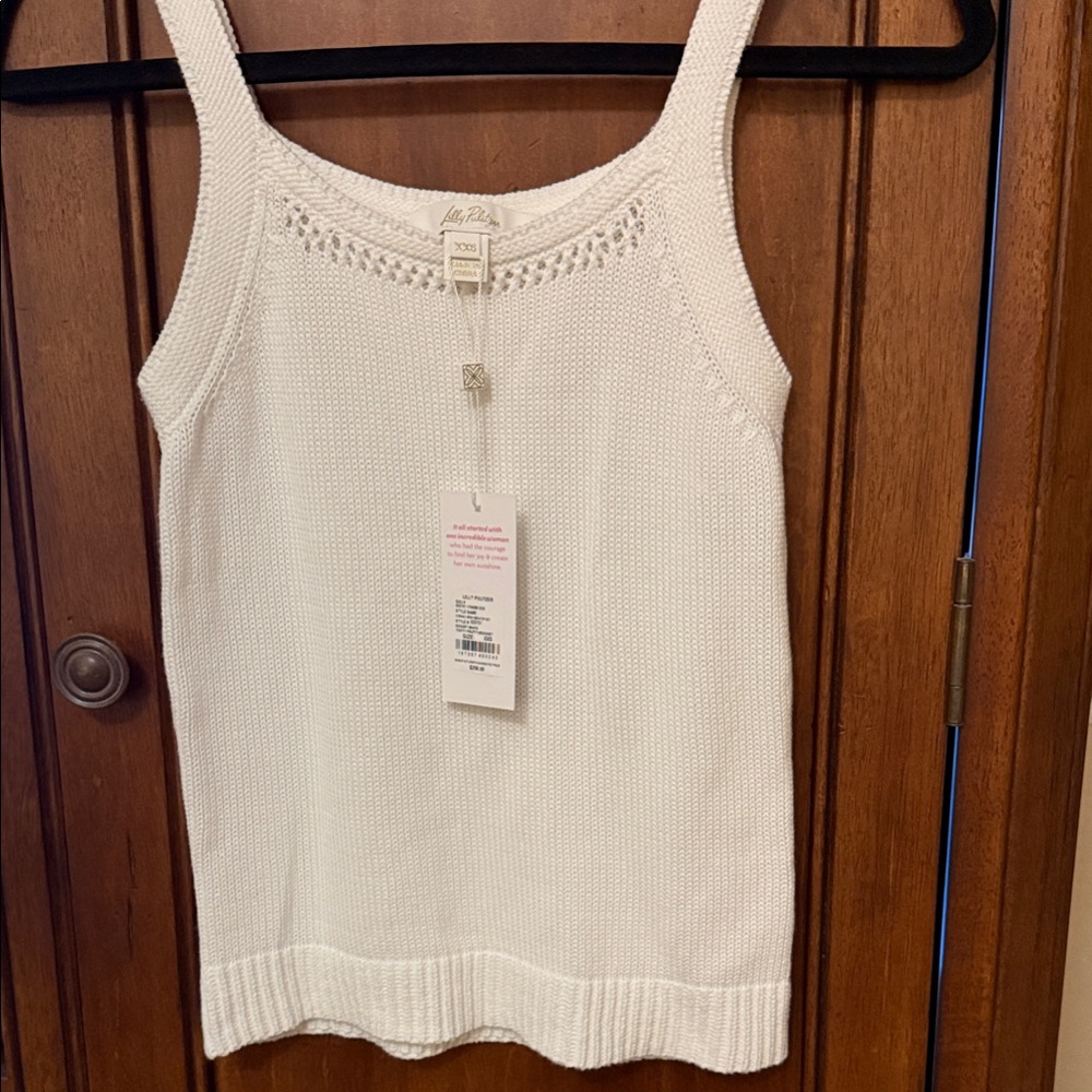 Lilly Pulitzer White Cormac mesh sweater. Tutti Frutti crochet.